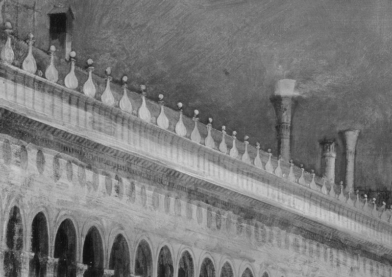 Infrared details of the left building, arches, and chimneys